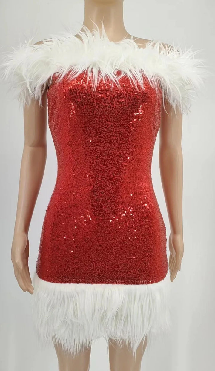 Rød pailletkjole med hvid pelskant, off-shoulder design. Perfekt til julefester. Elegant og iøjnefaldende festkjole til kvinder.