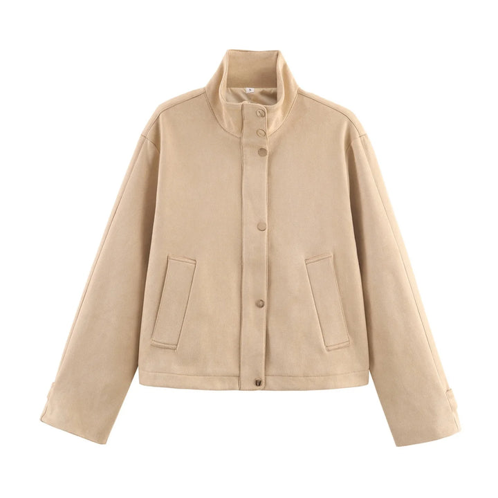 Kurtka bomber zamszowa krótka | Długi rękaw, zapinana na guziki, casual, damska