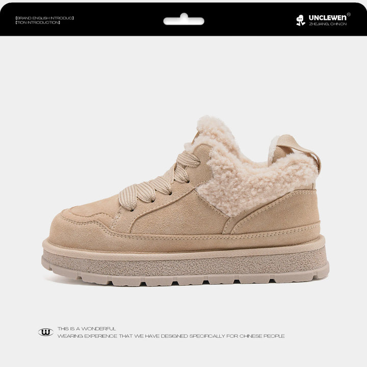 Stivali invernali da donna in pelle | Foderati in pelliccia suola spessa punta tonda