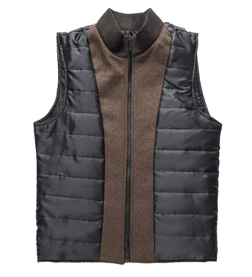 Sort og brun quiltet vest med lynlås, ribbet krave og ærmeløs design. Perfekt til efterårsmode og udendørs aktiviteter. Unisex vest til lag-på-lag styling.