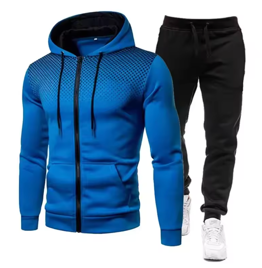 Blå hættetrøje med lynlås og sorte joggingbukser. Sportstøj til mænd, komfortabelt og stilfuldt. Perfekt til træning og afslapning.