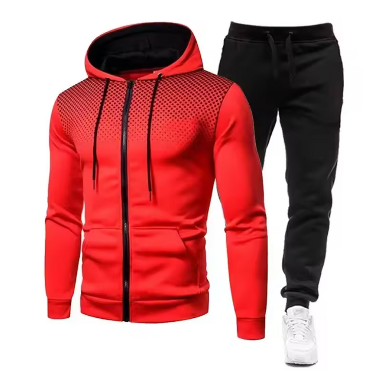 Rød hættetrøje med lynlås og sorte joggingbukser, herretøjssæt. Sporty design, komfortabel pasform, ideel til træning og fritid.