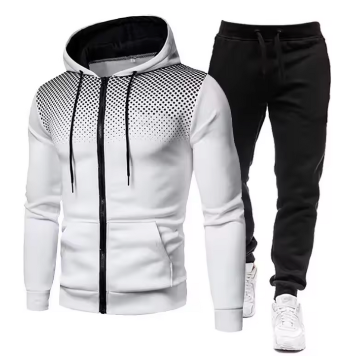 Hvid hættetrøje med sort mønster og sorte joggingbukser. Sportstøj til mænd, komfortabelt og stilfuldt til træning eller afslapning.