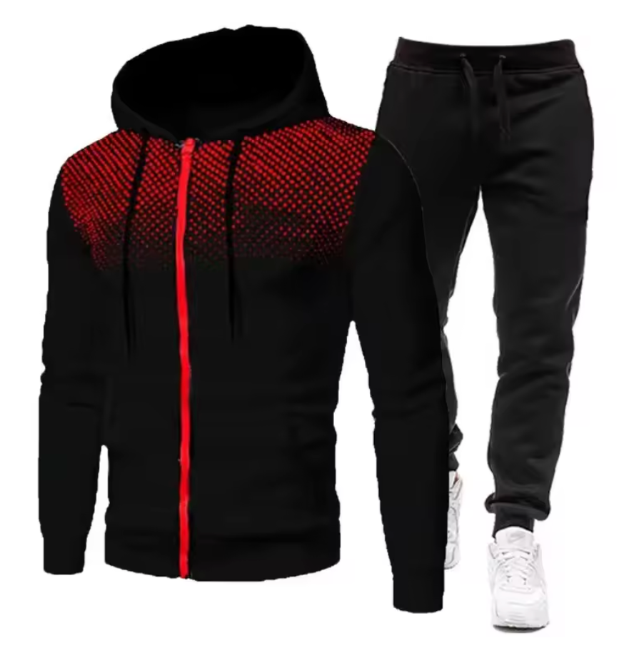 Sort træningssæt med rød hættetrøje og lynlås, sorte joggingbukser og hvide sneakers. Sportstøj til mænd, moderne og komfortabelt design.