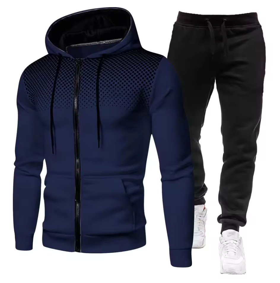 Mørkeblå hættetrøje med lynlås og sorte joggingbukser, perfekt til sport og fritid. Komfortabelt træningssæt til mænd.