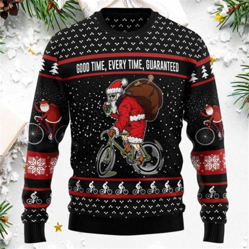Julesweater med cyklende julemand, snefnug og juletræer. Perfekt til jul, sjovt design, vintermode. Sort og rød farve.