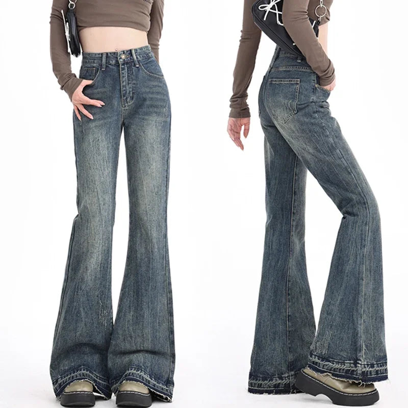 Blugi evazați vintage pentru femei | Pantaloni denim cu talie înaltă, cu stretch și design bootcut