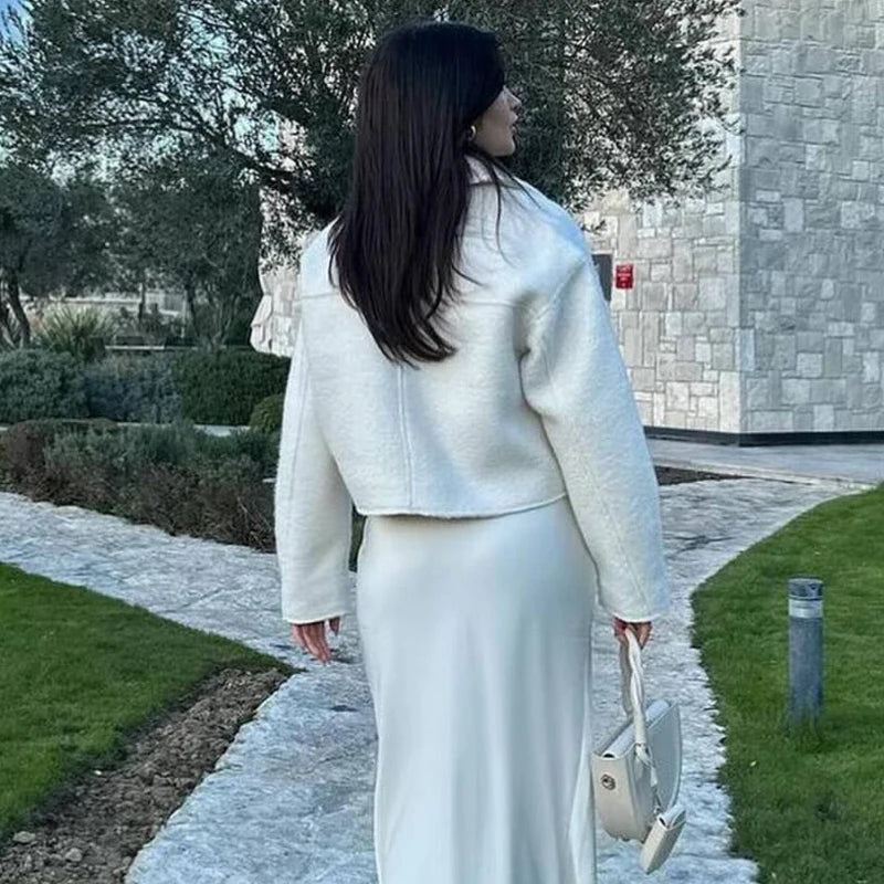 Tweedowa kurtka bomberka krótka | Długi rękaw z zamkiem błyskawicznym streetwear damski