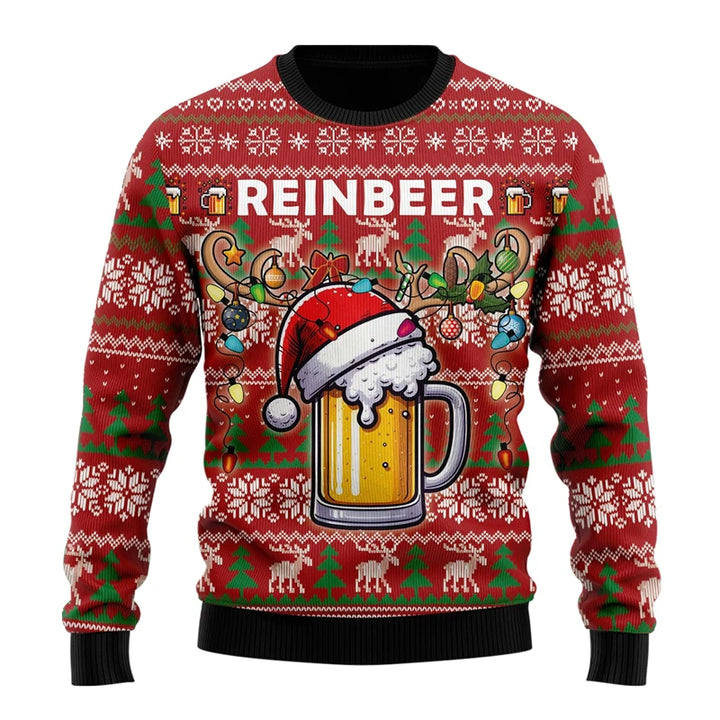 Rød julesweater med ølkrus og nissehue, tekst "Reinbeer", rensdyr og snefnug mønster. Perfekt til julefrokost og festligheder.