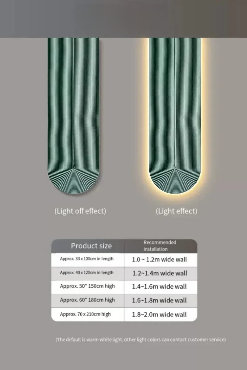 LED-væglampe med lys- og sluk-effekt, moderne design. Produktstørrelser: 33-210cm. Anbefalet installation: vægbredde 1-2m.