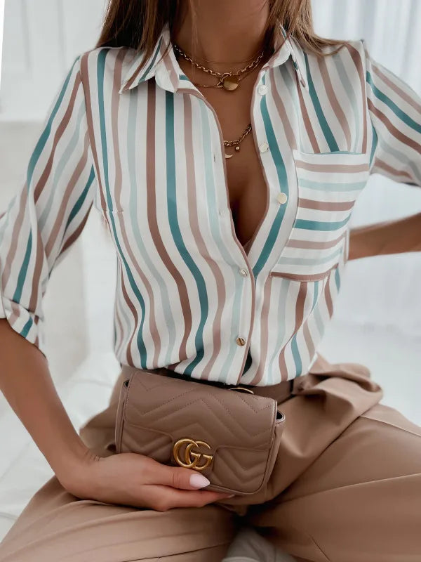 Blusa elegante de mujer con patrón a rayas, corte slim, camisa de oficina con bolsillo, mangas largas, primavera otoño