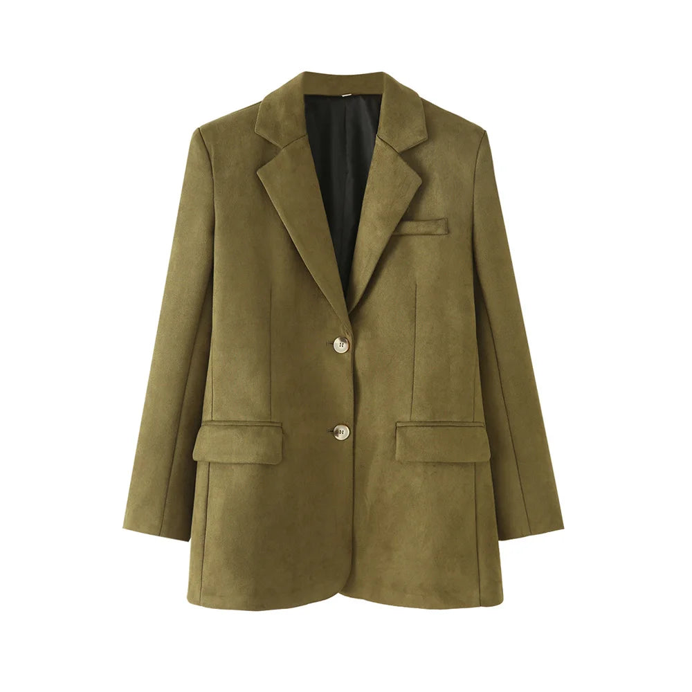 Grøn blazerjakke til kvinder, moderne design med to knapper og lommer, perfekt til forretnings- eller casual brug. Stilfuld og alsidig beklædning.