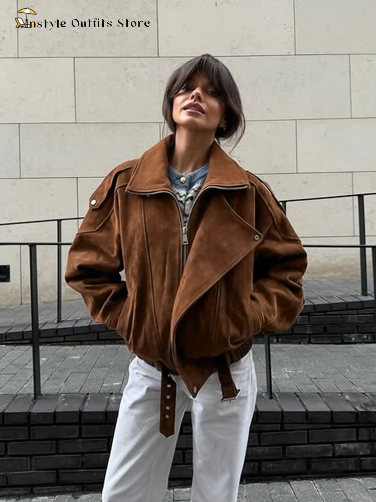 Ruskind Bomber Jakke Løs | Revers Lynlås Lommer Vintage Kvinde