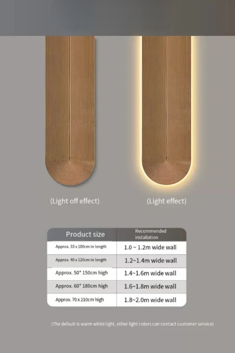 Væglampe med lysstriber, venstre slukket, højre tændt. Produktstørrelser: 33x120cm, 50x150cm, 60x180cm, 70x210cm. Anbefalet vægbredde: 1-2m.