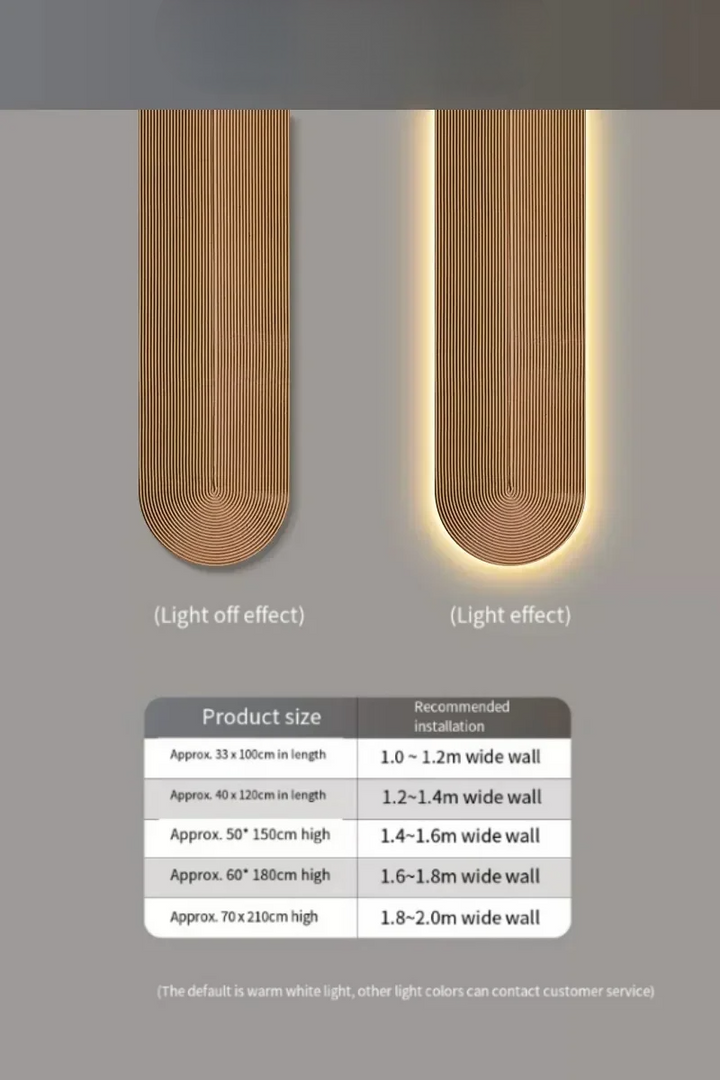 Væglampe med lysstriber, venstre slukket, højre tændt. Produktstørrelser: 33x120cm, 50x150cm, 60x180cm, 70x210cm. Anbefalet vægbredde: 1-2m.