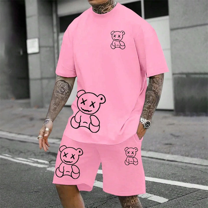 Camiseta Sjov bjørn Harajuku para hombres verano suelto conjunto diario de pareja al aire libre calle camiseta de manga corta y pantalones cortos conjunto de verano de dos piezas