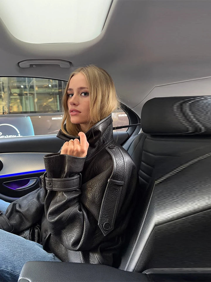 Kurtka krótka oversize luźna | Wysoki kołnierz podwójny guzik jesień kobieta