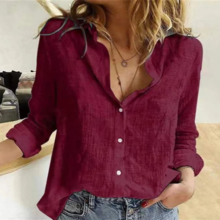 Elegante camisa de lino de algodón para mujer, casual, lisa, con botones y solapa, manga larga, blusa suelta tipo túnica, otoño invierno