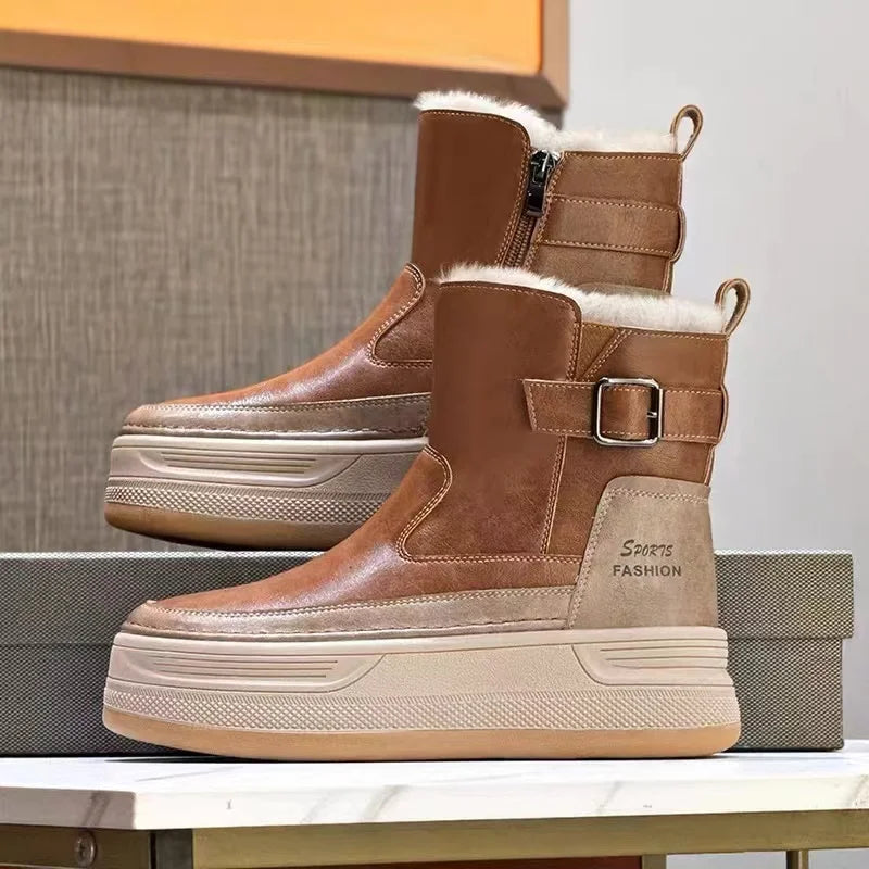 Brune vinterstøvler med pelsfor, lynlås og spænde, platformsål, moderne design, ideelle til koldt vejr. Komfortable og stilfulde damefodtøj.