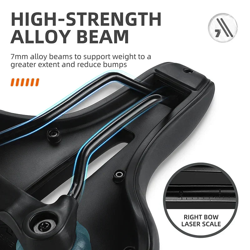 Cykelsadel med højstyrke aluminiumsbjælke, 7mm legering for øget vægtstøtte og stødreduktion. Laserindgraveret skala for præcis justering.