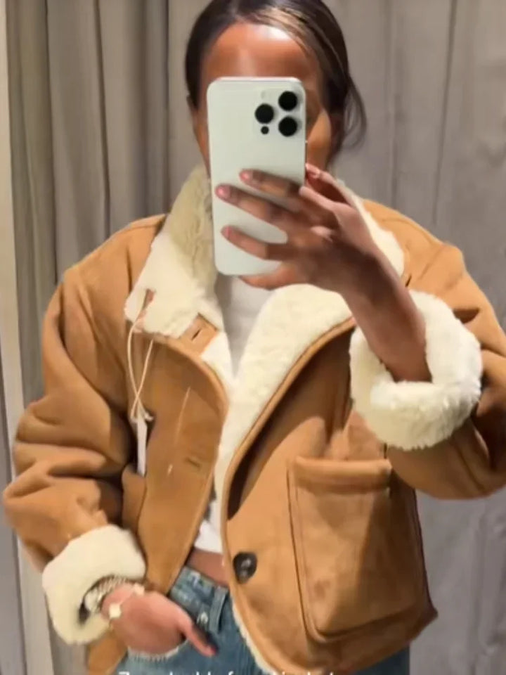 Kurtka z wełny jagnięcej krótka | Odwrócony dekolt w serek wysoki kołnierz casual ciepła