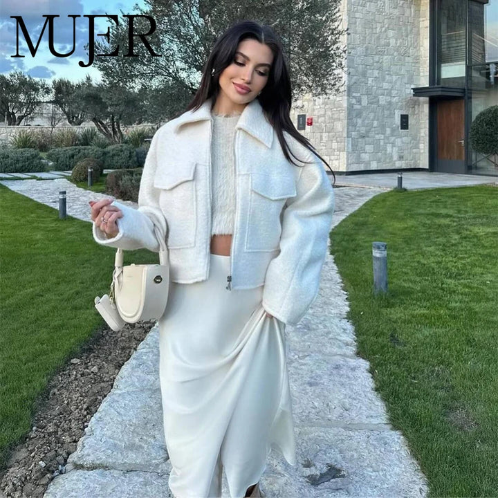 Tweedowa kurtka bomberka krótka | Długi rękaw z zamkiem błyskawicznym streetwear damski