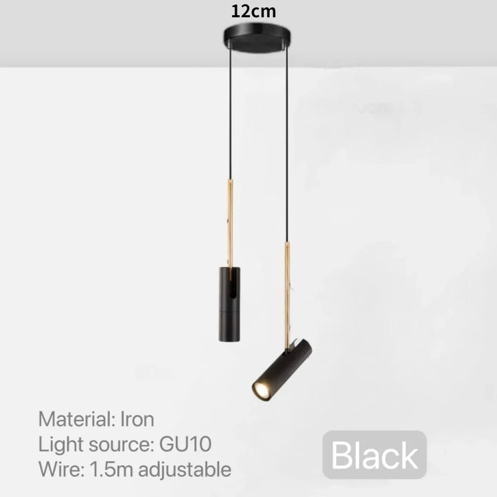 Sort pendellampe i jern med to justerbare GU10 lyskilder, 1,5m ledning. Moderne design, ideel til stue eller køkkenbelysning. Diameter 12cm.