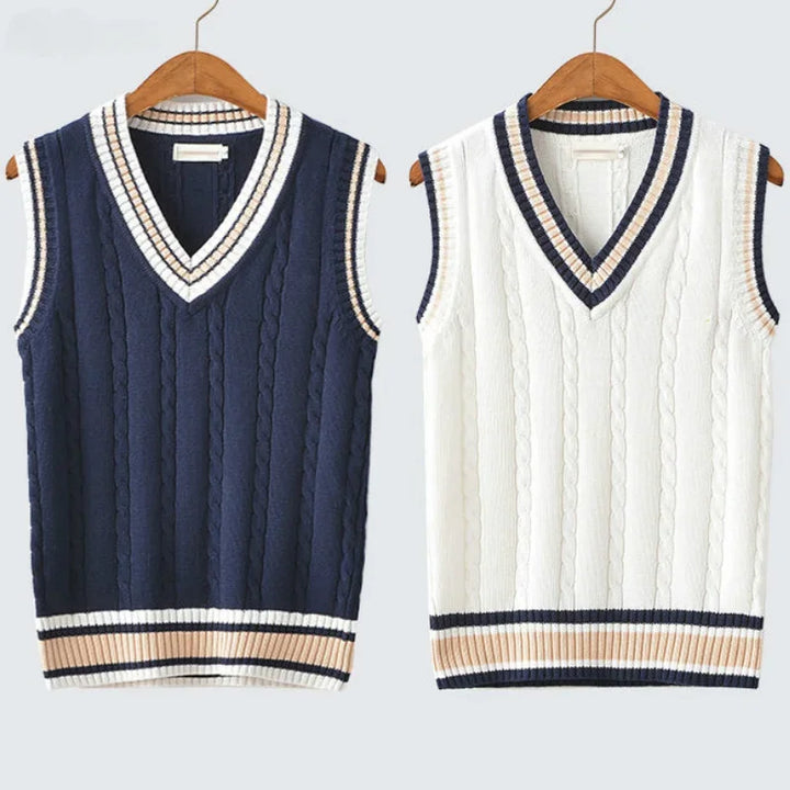 Vestă tricotată pentru bărbați cu decolteu în V | Stil retro preppy, vestă lejeră și casual