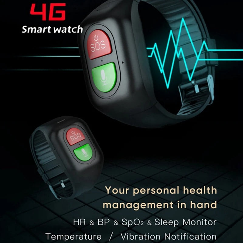 4G smartwatch med SOS-knap, mikrofon, sundhedsovervågning, hjertefrekvens, blodtryk, SpO2, søvnmonitor, temperatur og vibrationsnotifikation.