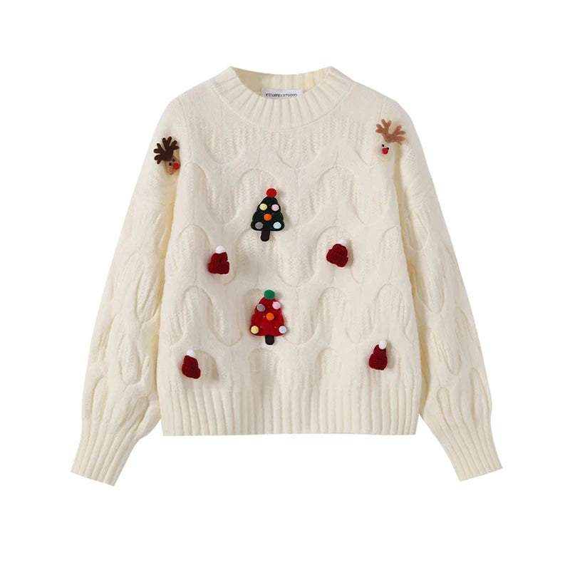 Hvid julesweater med 3D juletræer og rensdyrdekorationer, strikket design, langærmet, perfekt til vintermode og julefester.