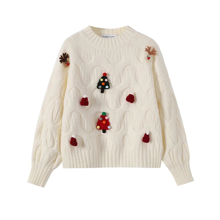 Hvid julesweater med 3D juletræer og rensdyrdekorationer, strikket design, langærmet, perfekt til vintermode og julefester.