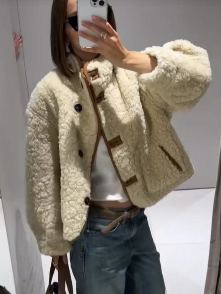 Kurtka z wełny jagnięcej krótka | Odwrócony dekolt w serek wysoki kołnierz casual ciepła