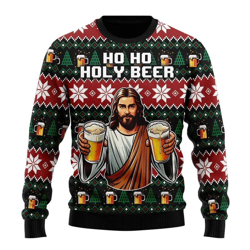 Julesweater med Jesus, ølglas og teksten "Ho Ho Holy Beer", julemotiv med snefnug og ølkrus, sjovt og festligt design til jul.