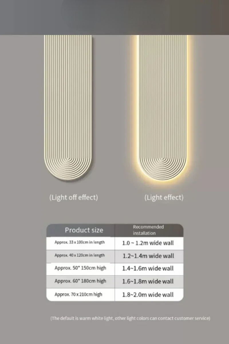 LED-væglampe med lys- og sluk-effekt, moderne design. Produktstørrelser: 33-210 cm. Anbefalet væginstallation: 1-2 m bred.