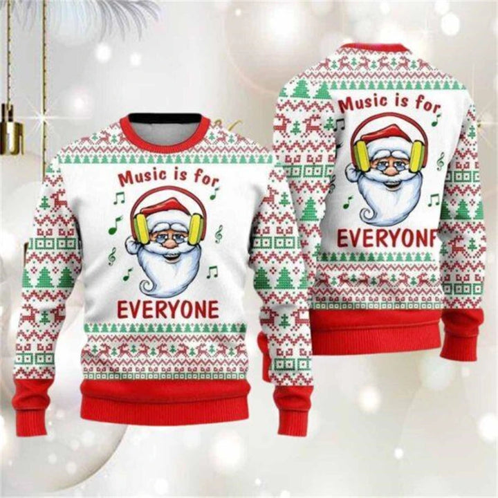 Julesweater med julemand, hovedtelefoner og teksten "Music is for Everyone". Farverig strik med musiknoter, perfekt til jul og festligheder.