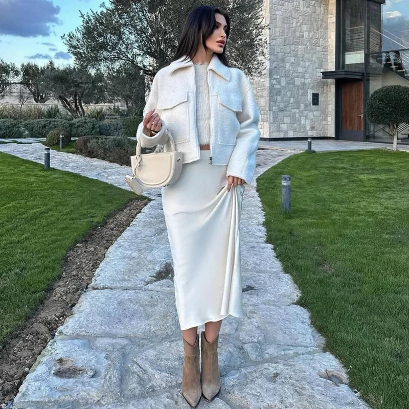 Tweedowa kurtka bomberka krótka | Długi rękaw z zamkiem błyskawicznym streetwear damski