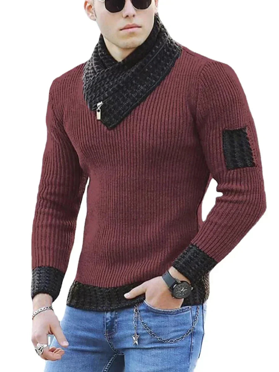 Mand iført brun striktrøje med sort krave og manchetter, solbriller og jeans. Moderne herremode, vintertøj, stilfuldt design.
