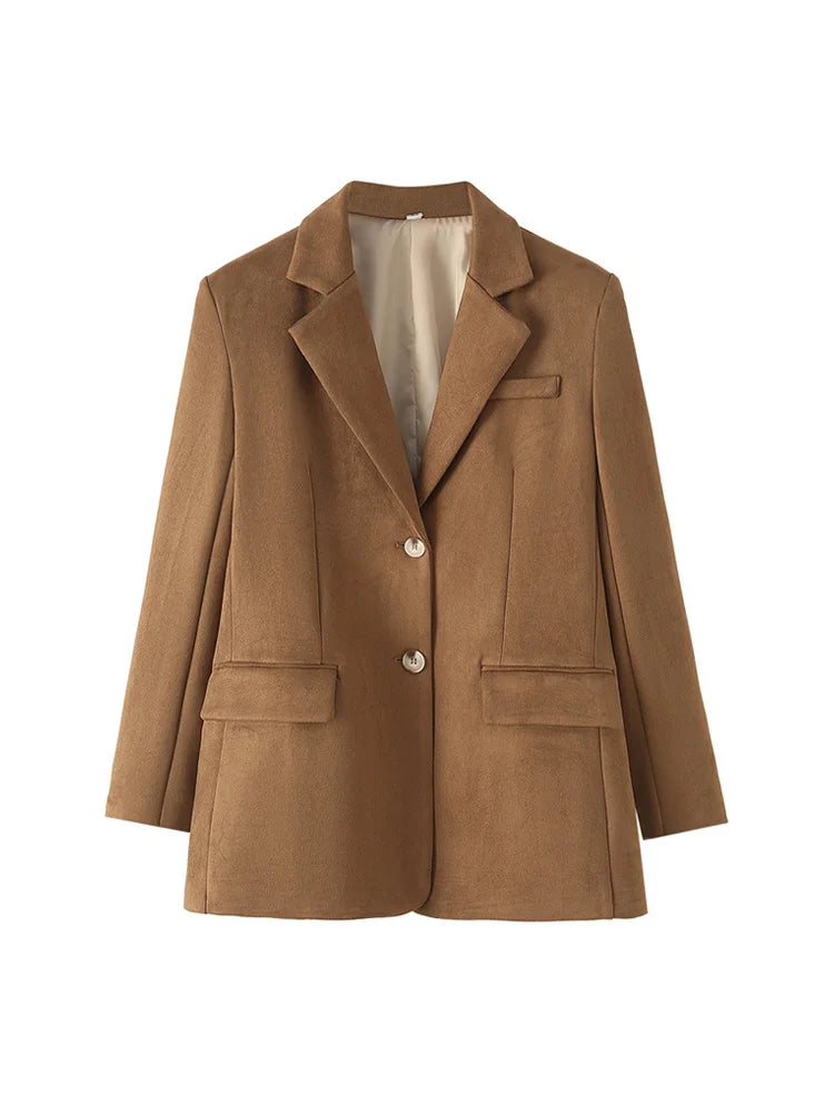 Brun uldblazer til kvinder med to knapper og lommer, klassisk design, perfekt til efterår og vintermode. Elegant og tidløs jakke.