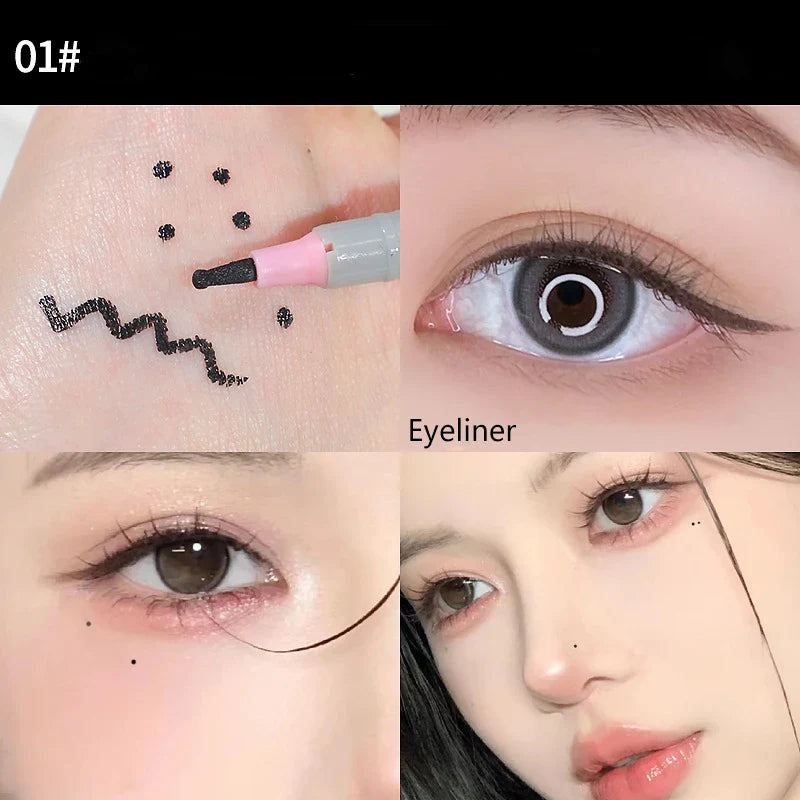 Collage af eyeliner makeup: close-up af øje med eyeliner, hånd med eyeliner-pen, og ansigt med makeup. Perfekt til makeup-tutorials og skønhedsinspiration.