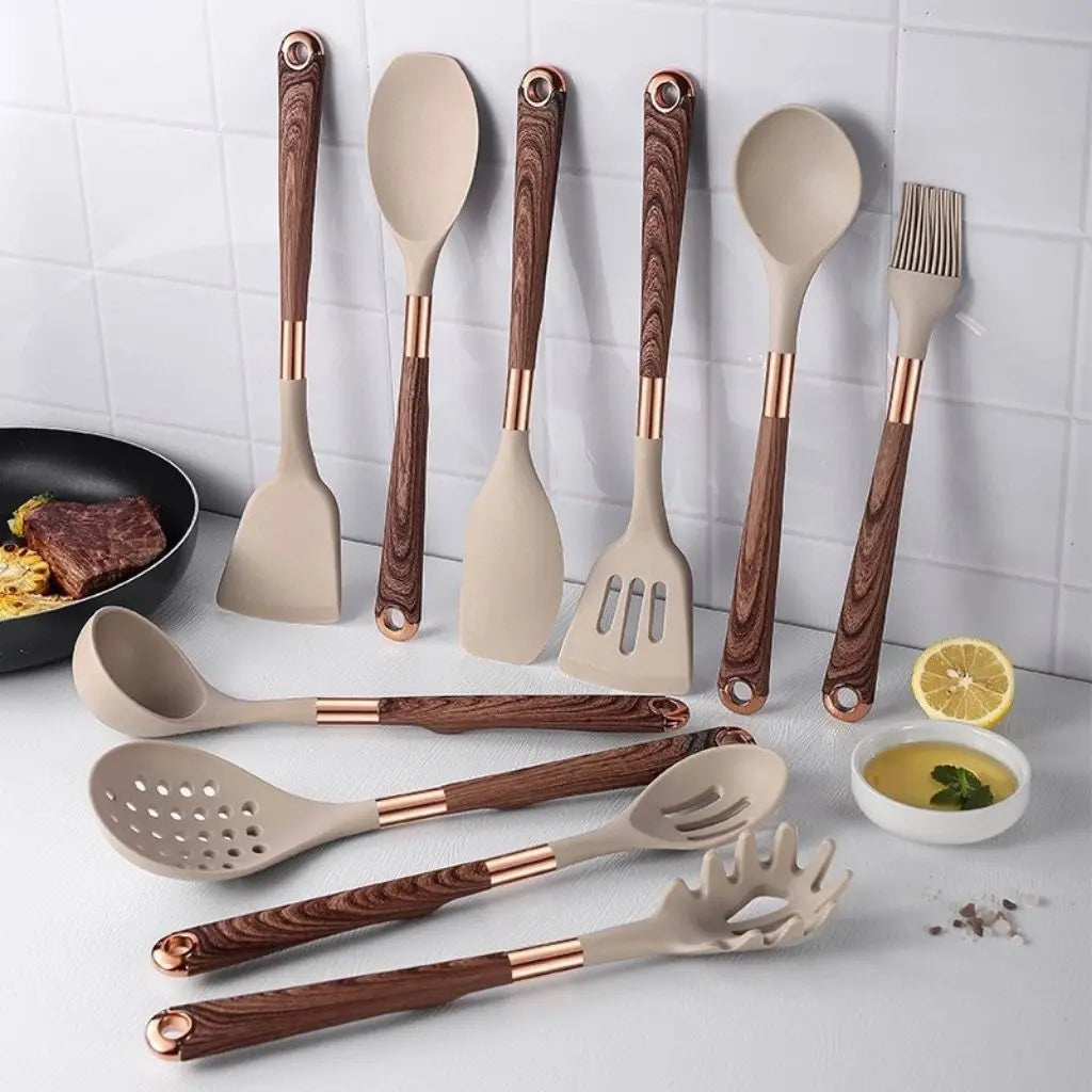 Organized silicone kitchen utensil set with dedicated storage solution for neat and efficient cooking spaces.