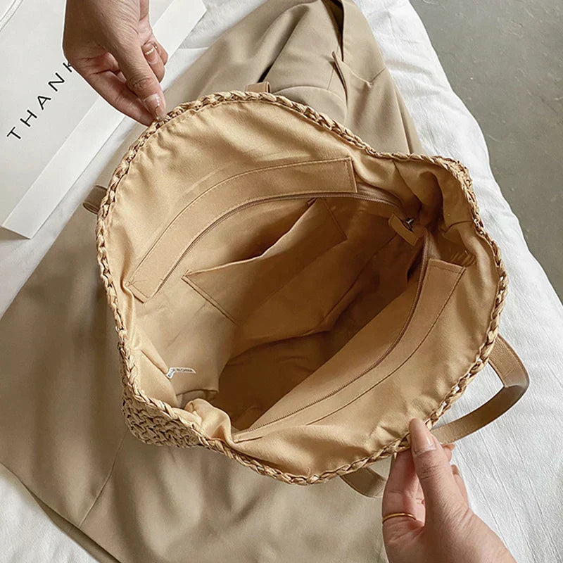 Pyöreä käsinkudottu olkilaukku | Boho-tyyli & kesälook | Ihanteellinen rannalle ja kaupunkielämään
