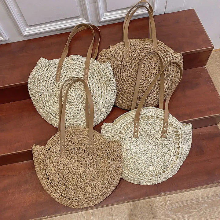 Pyöreä käsinkudottu olkilaukku | Boho-tyyli & kesälook | Ihanteellinen rannalle ja kaupunkielämään