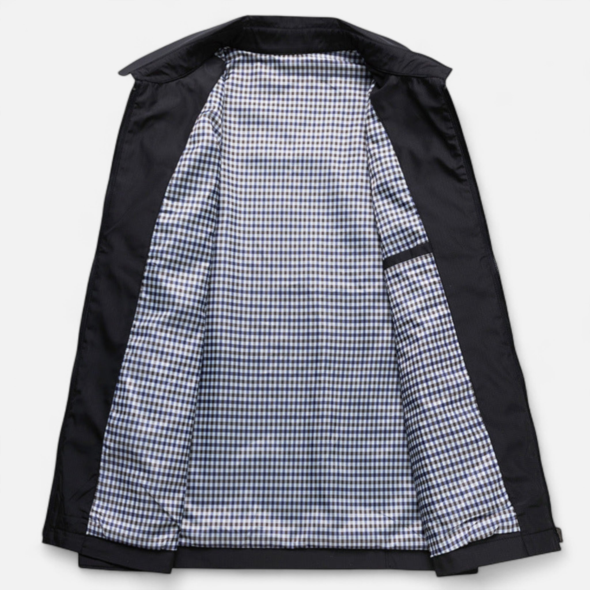 Sort jakke med ternet for, herrejakke, klassisk design, stilfuld overtøj, moderne herremode, elegant jakke til mænd, tidløst look.