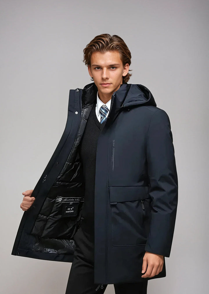 Kurtka zimowa męska z kapturem ocieplana | Długa, poliestrowa, wytrzymała