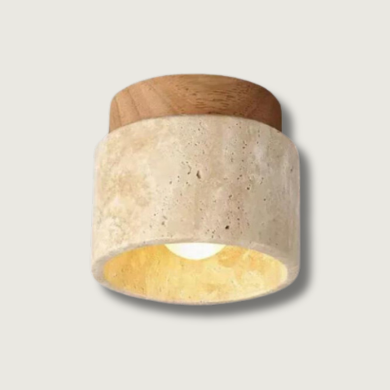 Moderne loftlampe i træ og sten, minimalistisk design, varm belysning, ideel til skandinavisk indretning, energibesparende LED.