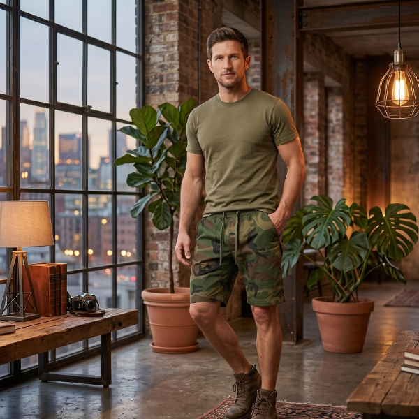 Pantaloncini cargo mimetici da uomo – Pantaloncini utilitari al ginocchio con vita regolabile