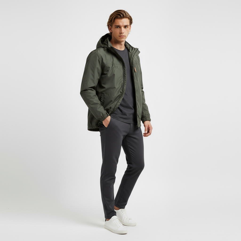 Ung mand iført grøn jakke, sorte bukser og hvide sneakers. Mode, herretøj, afslappet stil, moderne look, udendørs jakke, stilfuldt outfit.