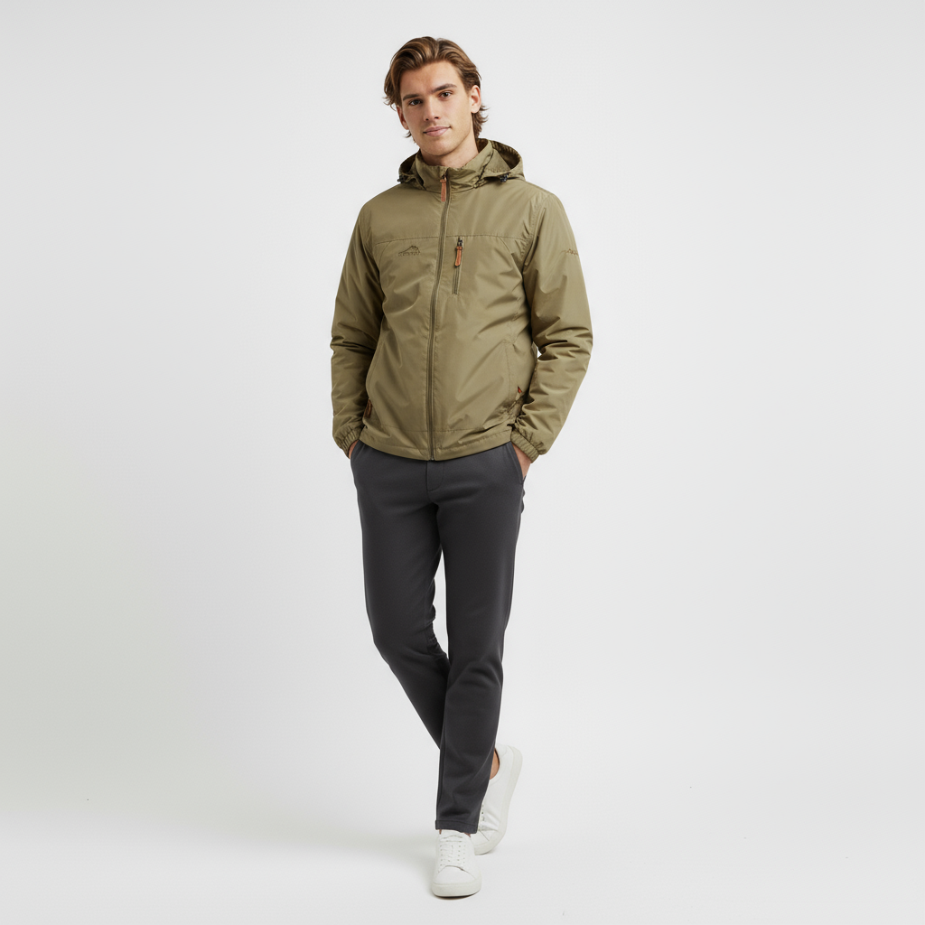 Ung mand iført olivengrøn jakke og mørkegrå bukser, står afslappet mod hvid baggrund. Moderne herremode, casual stil, komfortabelt tøj.