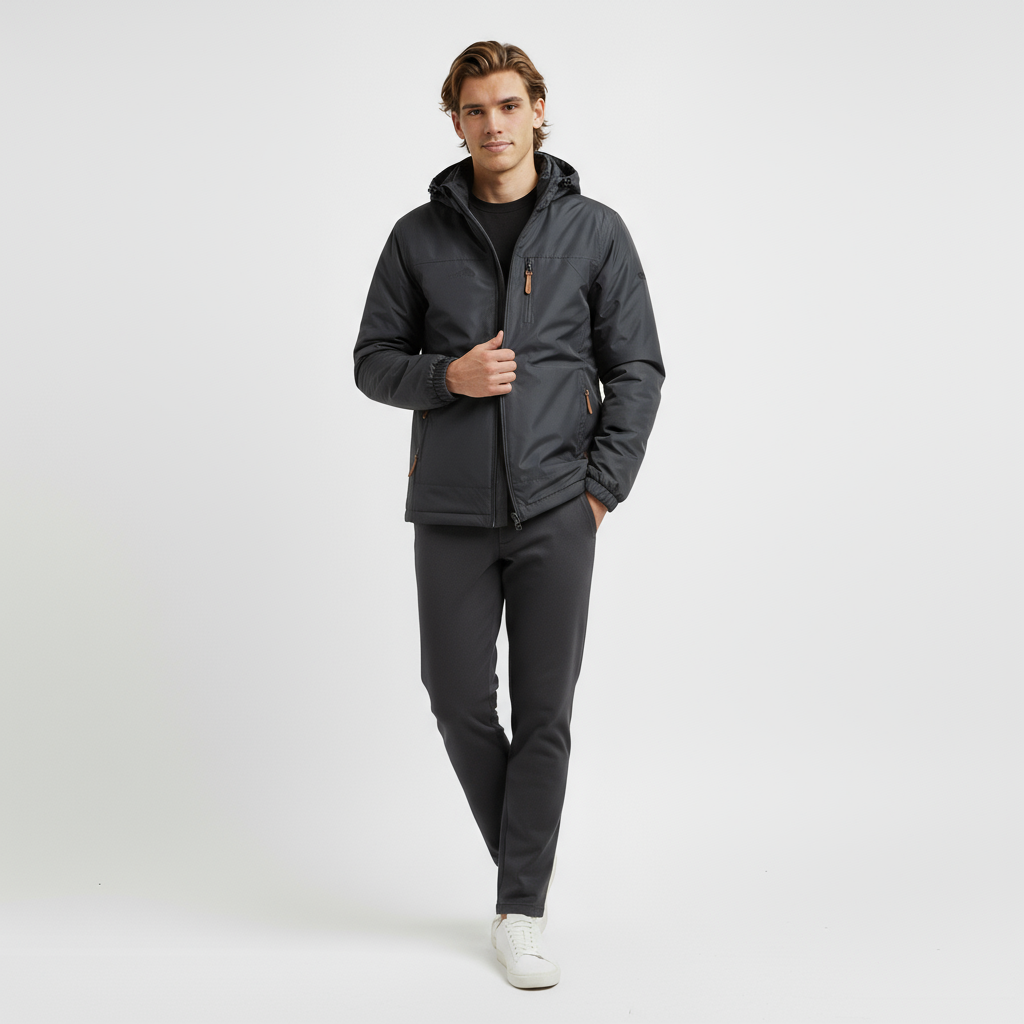 Mand iført sort jakke og bukser, poserer mod hvid baggrund. Moderne herremode, afslappet stil, vinterjakke, komfortabelt tøj, stilfuldt look.