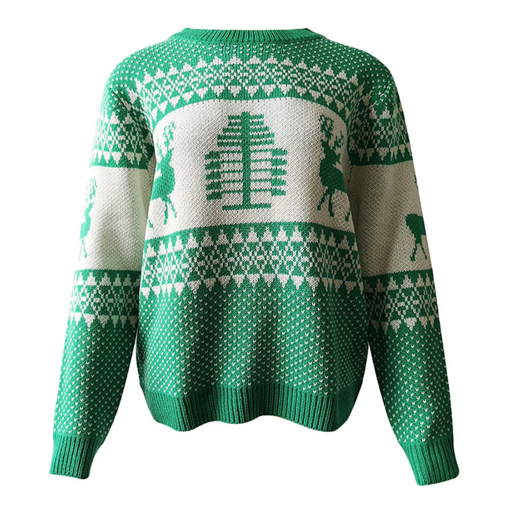 Grøn juletrøje med hvide rensdyr og juletræsmønster, strikket i blødt materiale. Perfekt til jul og vinterhygge. Unisex design.